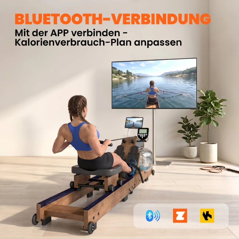 SPORTNOW Wioślarz wodny do domu drewno kauczukowe składany z Bluetooth APP podwójne szyny aluminiowe wyświetlacz LCD do 158 kg