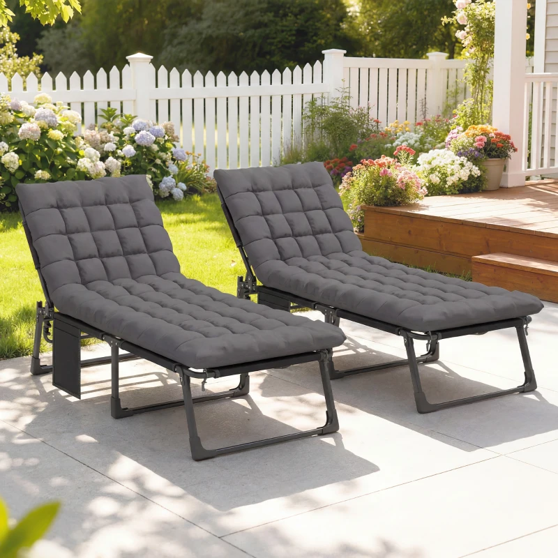 Outsunny Conjunto de 2 Espreguiçadeiras Dobráveis com Apoio de Cabeça, Almofadas, Bolso Lateral e Encosto Reclinável em 5 Posições, Cinzento Escuro