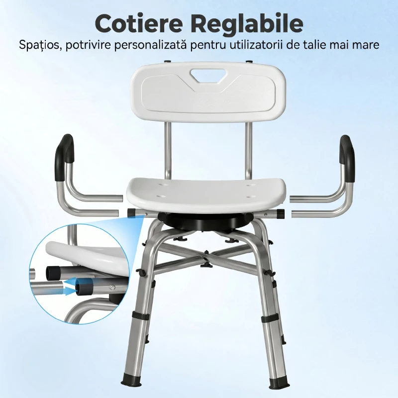 HOMCOM Scaun de Duș Rotativ Reglabil pe Înălțime cu Brațe, Spătar, Capacitate 150 kg, Alb