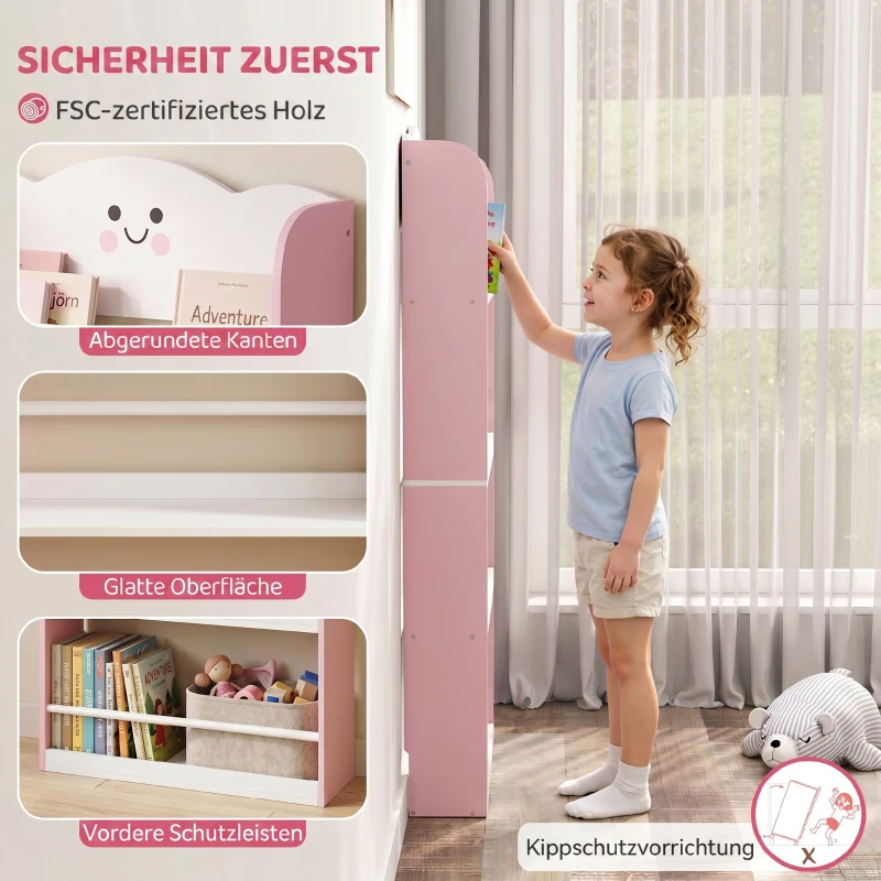 AIYAPLAY Kinderbücherregal mit 4 Etagen, Wandmontiertes Bücherregal für Kinderzimmer, Spielzimmer, Wohnzimmer, Rosa