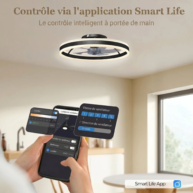HOMCOM Ventilateur de plafond avec lumière et télécommande, plafonnier ventilateur 50 cm avec 6 vitesses, noir