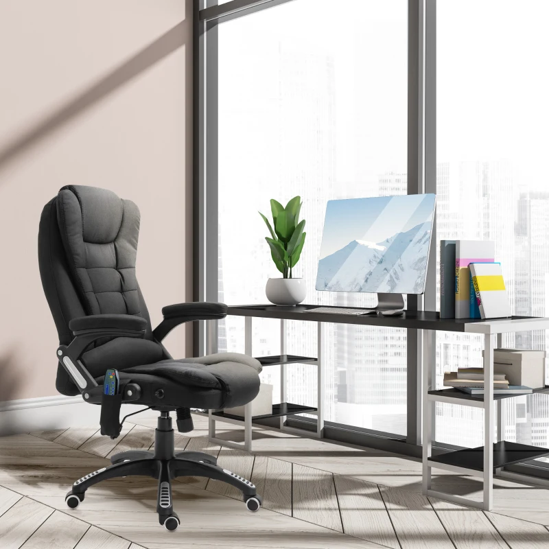 Vinsetto Fauteuil de bureau massant et chauffant, chaise de bureau, chaise ergonomique avec hauteur réglable, dossier inclinable et télécommande filaire, pivotant à 360° tissu en polyester noir