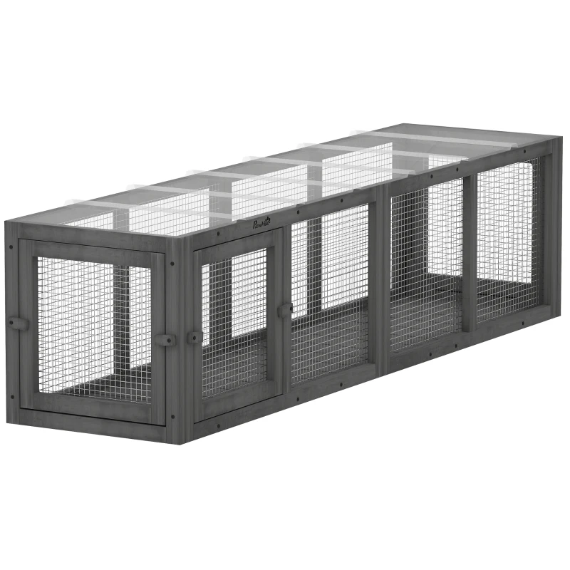 PawHut Katzentunnel Katzenspielzeug aus Holz mit 3 Türen, erweiterbar Spieltunnel für Katzen bis 10 kg, 151,5 x 38,5 cm Grau
