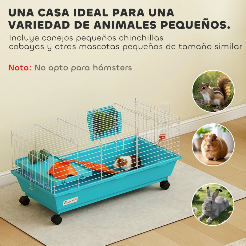 PawHut Jaula para Animales Pequeños con Ruedas Botella Comedero Dispensador de Heno para Conejos y Cobayas 89x44x43 cm Azul