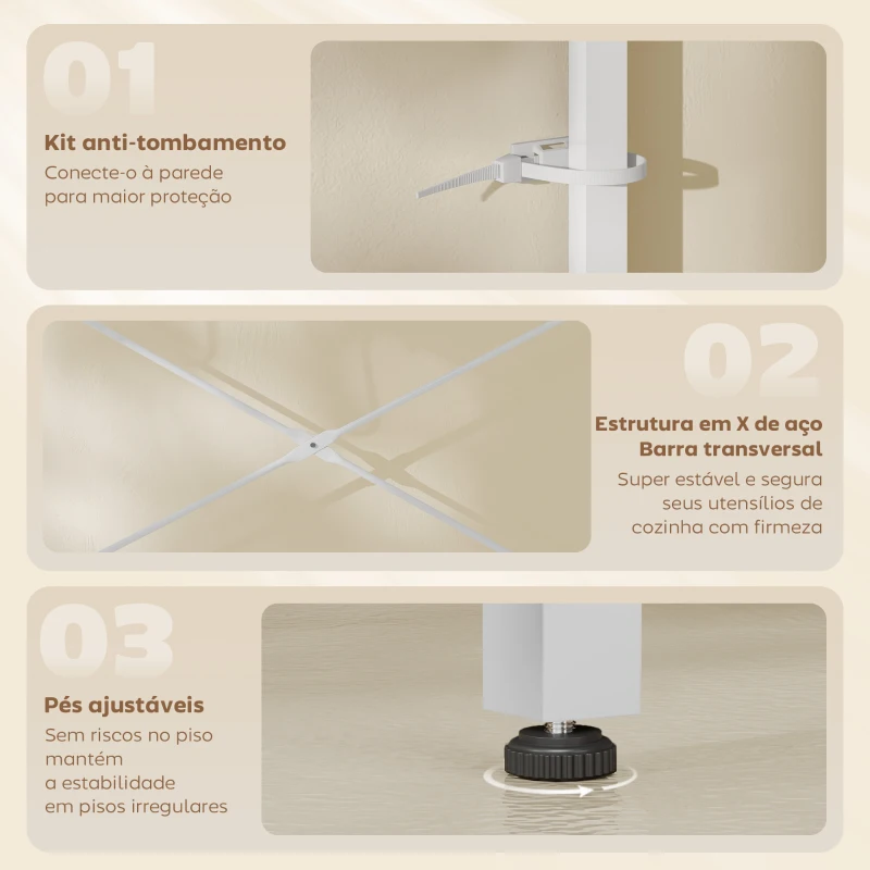 HOMCOM Estante de Cozinha com 2 Tomadas Prateleira para Micro-ondas Prateleira Ajustável Ganchos 60x42x137 cm Branco