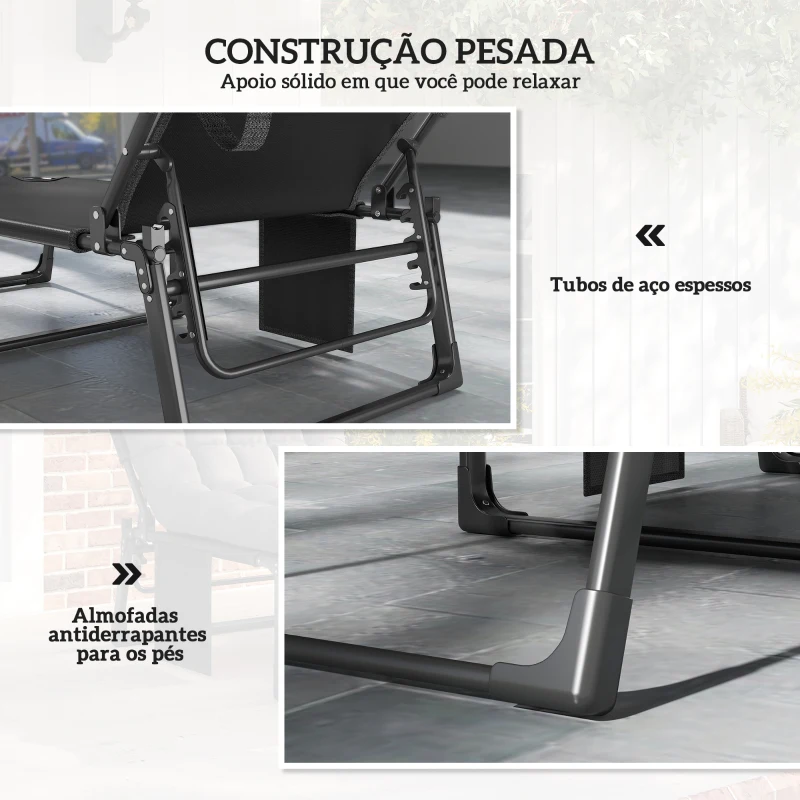 Outsunny Conjunto de 2 Espreguiçadeiras Dobráveis com Apoio de Cabeça, Almofadas, Bolso Lateral e Encosto Reclinável em 5 Posições, Cinzento Escuro