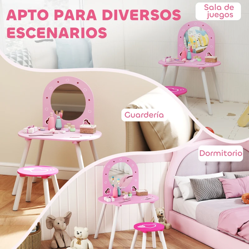 AIYAPLAY Tocador Infantil con Taburete y Espejo Tocador para Niñas con Dibujos de Corazones para Niños y Niñas de 3-6 Años Rosa