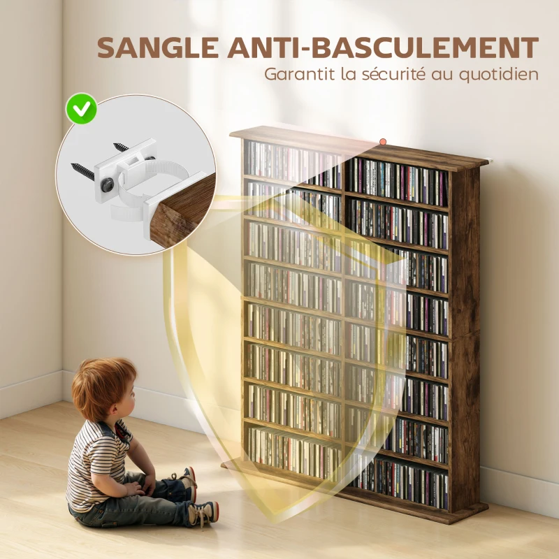 HOMCOM Rangements pour CD et DVD avec 16 compartiments et 12 étagères réglables capacité max. 720 CD/396 DVD et Blu-ray marron
