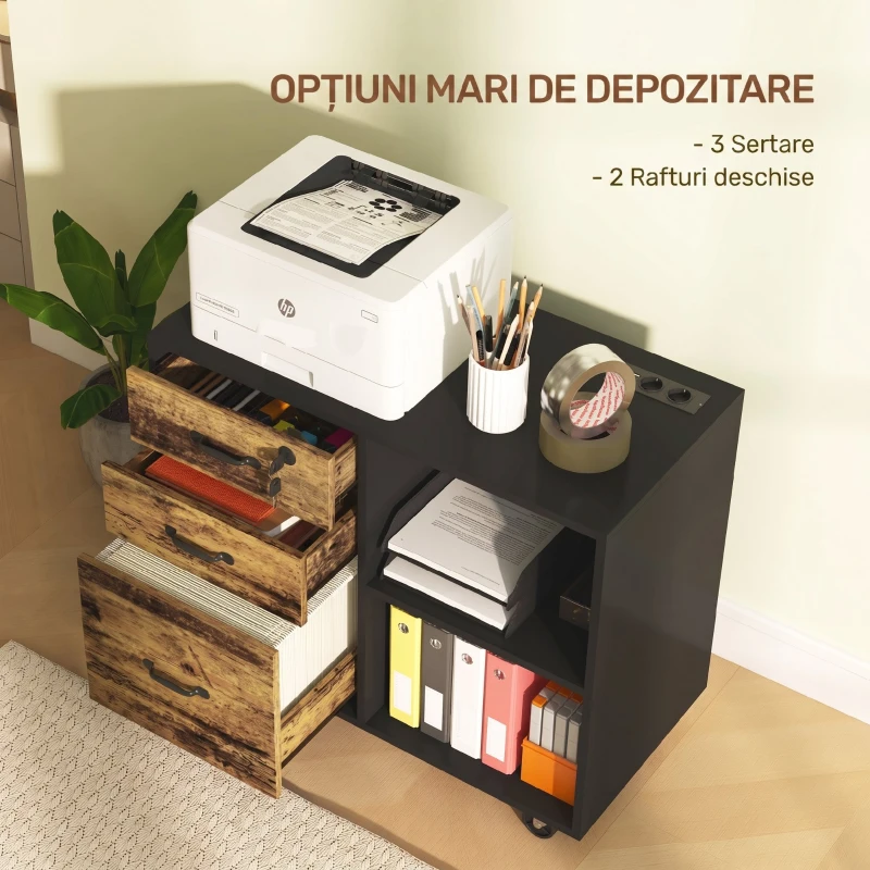 HOMCOM Dulap pentru imprimantă cu 3 sertare, 2 rafturi deschise și orificiu pentru cabluri, din MDF, 80x40x65,5 cm, maro și negru