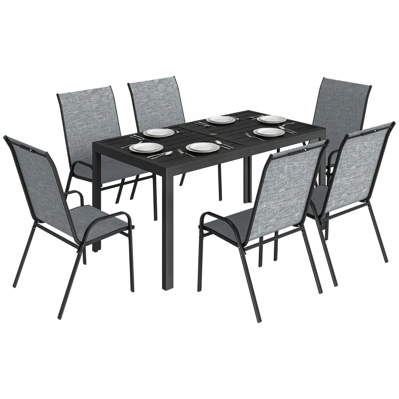 Outsunny Conjunto de Mesa y Sillas Jardín con Mesa Metálica con Agujero y 6 Sillas Apilables Transpirables para Terraza Gris