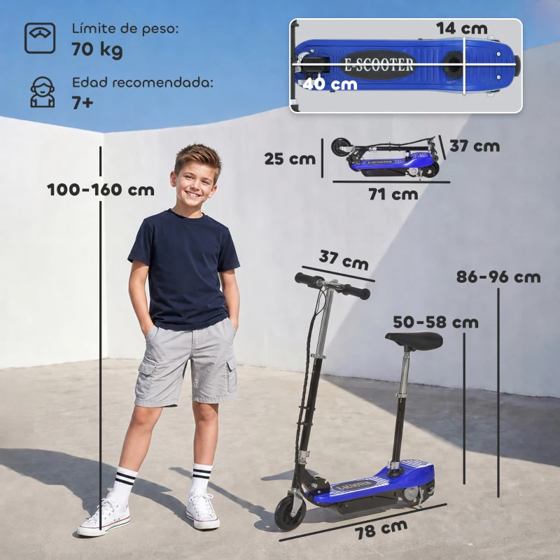 HOMCOM Patinete Eléctrico para Niños Scooter Eléctrico Plegable 120W con Manillar Ajustable Velocidad 10 km/h 78x37x99 cm Azul