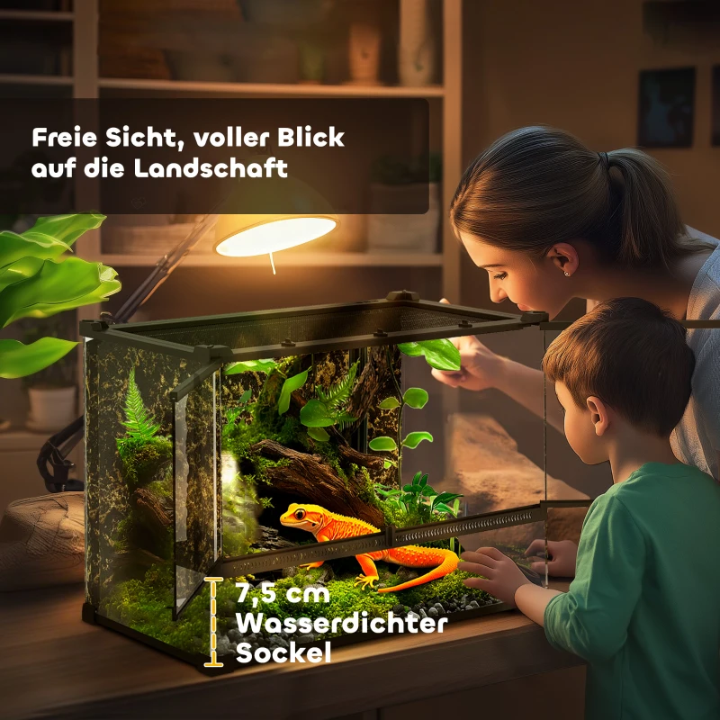 PawHut Terrarium für Reptilien Glasterrarium 48L mit Frontbelüftung Steinrückwand Drehverschluss 50 x 30 x 35 cm Schwarz