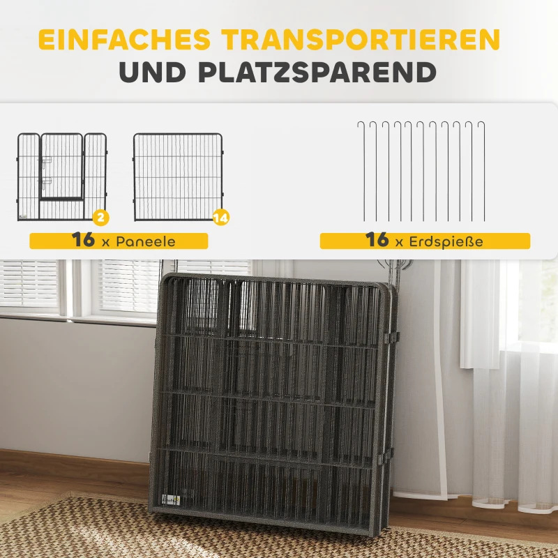 PawHut Welpenlaufstall, 16-teilig Welpenauslauf faltbar mit Tür für kleine, mittlere Hunde, 3,2 x 3,2 x 0,8 m, Grau