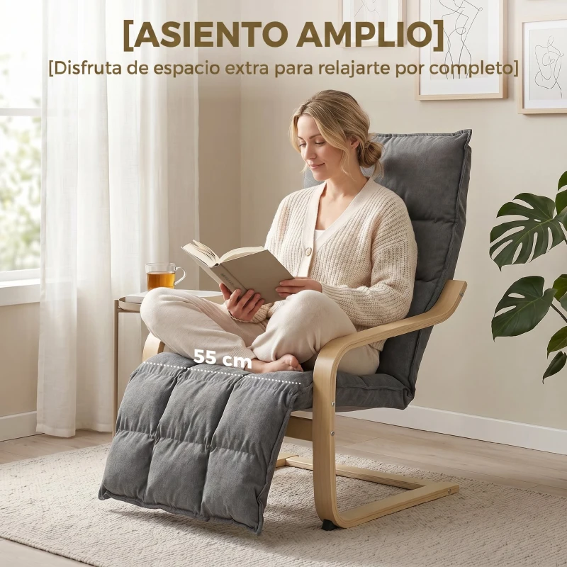 Homcom Butaca de Salón Tapizada en Lino con Reposapiés con Balanceo Suave Respaldo Alto Asiento Amplio Gris