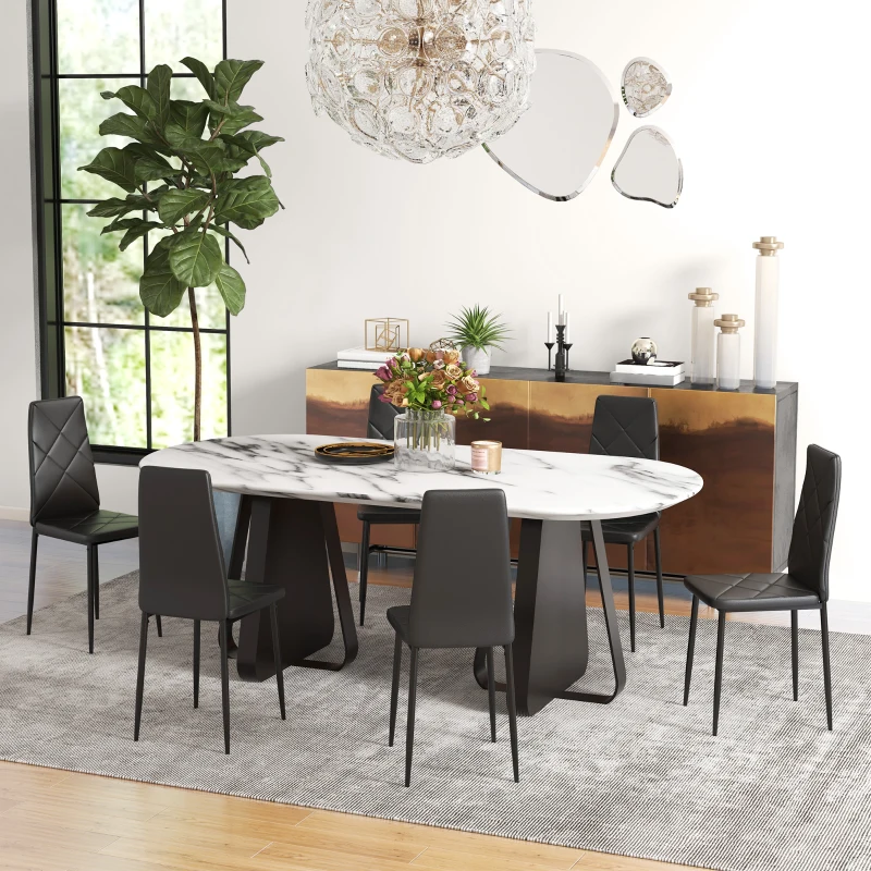 HOMCOM Conjunto de 6 Cadeiras de Sala de Jantar Estofadas em Couro Sintético com Encosto Alto e Pés de Aço 41x50x97cm Preto