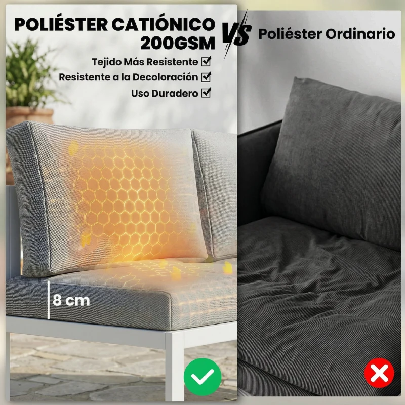 Outsunny Conjunto de Jardín Exterior con Cojines 3 Sofás de 2 Plazas Mesa con Tablero Efecto Madera WPC y Cojines Gris y Blanco