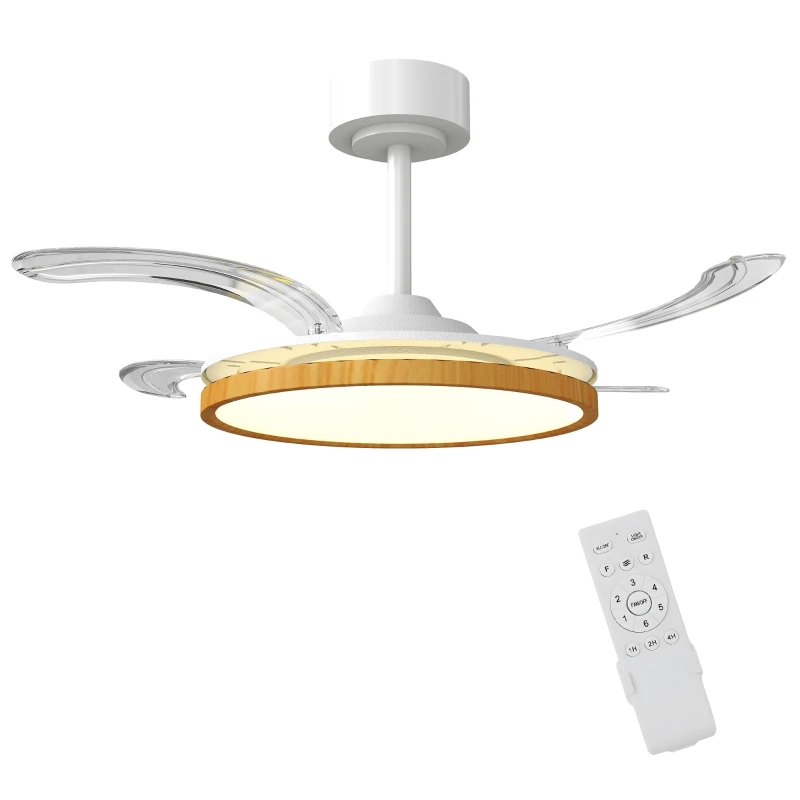 HOMCOM Ventoinha de Teto com Luz LED 80 W Motor DC Reversível Controlo Remoto 6 Velocidades Temporizador Ø95 cm Branco e Madeira