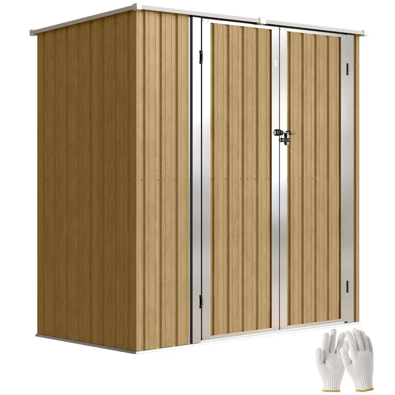 Outsunny Abrigo de Jardim Exterior Metálico 1,37 m² 163x89x163 cm com Telhado Inclinado, Portas com Fecho e Luvas Castanho
