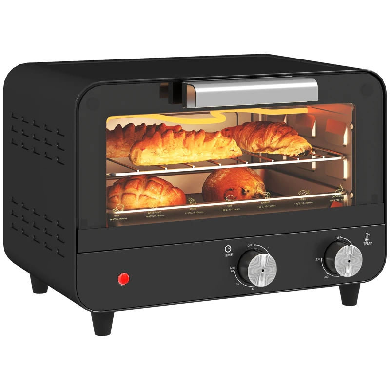 HOMCOM Small Toaster Oven, 12L Multifunction Mini Countertop Oven with Glass Door, Adjustable Temperature and Timer, Black