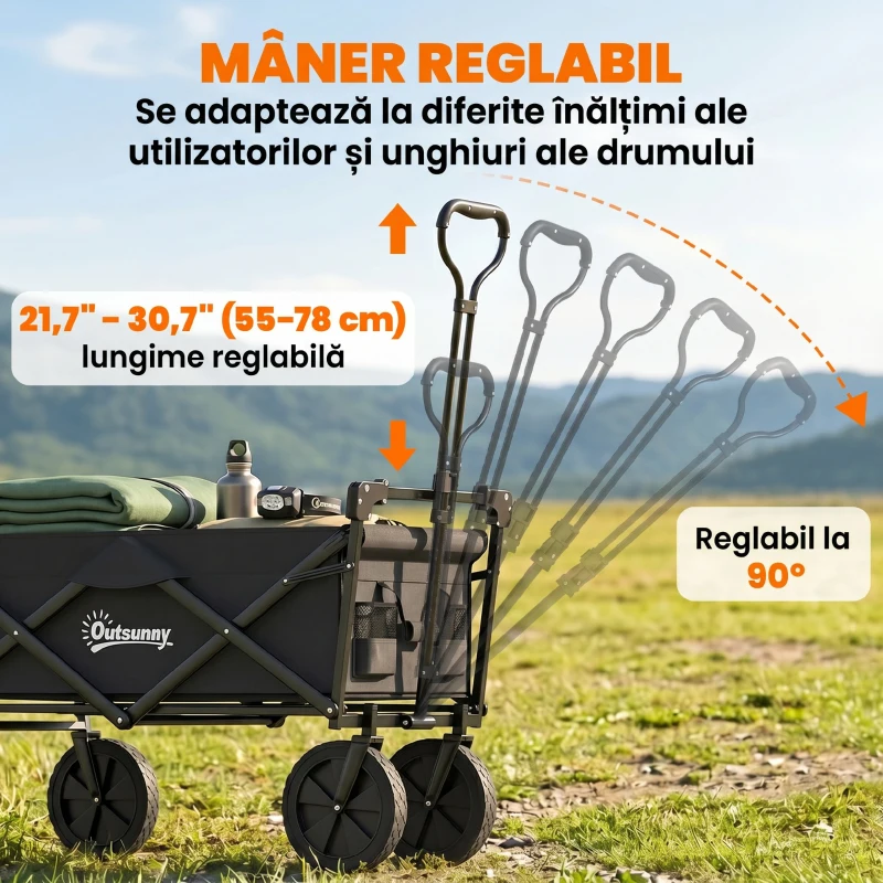 Outsunny Cărucior de Grădină 110L cu Mâner Telescopic și Acoperiș din Oțel și Țesătură Oxford, Negru