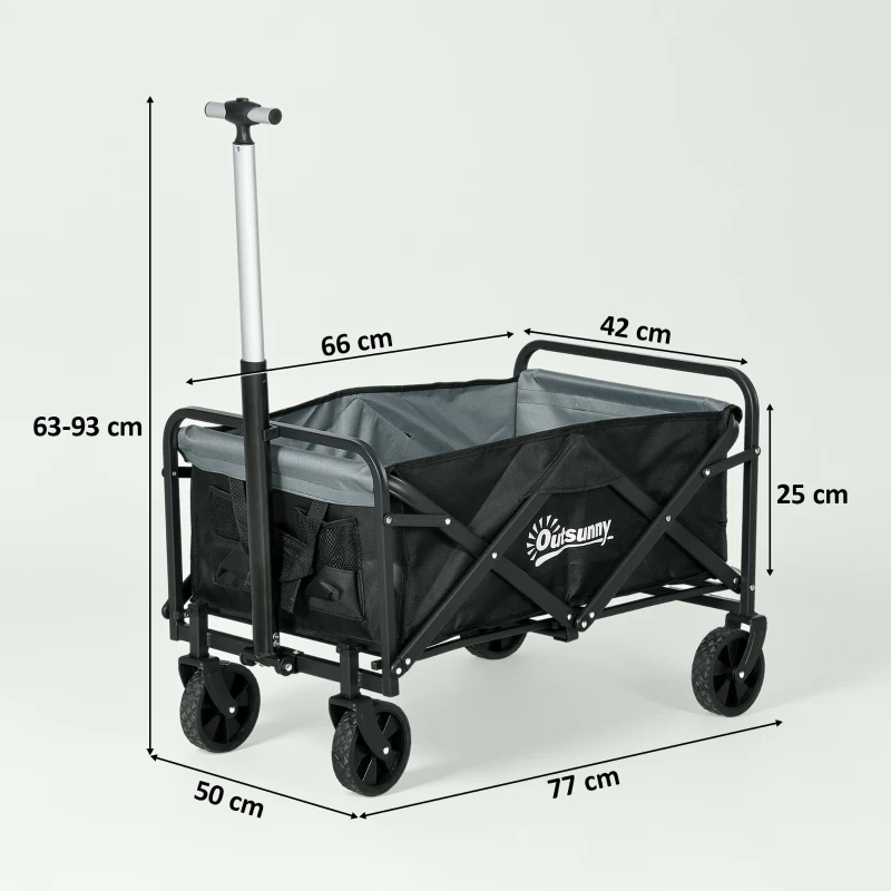 Outsunny Carro de Jardín Plegable con 4 Ruedas Longitud y Ángulo del Mango Ajustables Capacidad 70 L 77x50x63-93 cm Negro