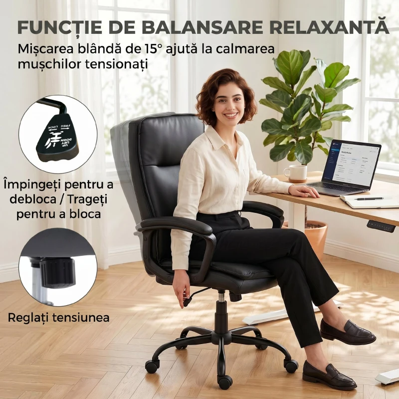 HOMCOM Scaun de Birou Rotativ din Piele PU, Funcție Legănare, Spătar Înalt, Reglabil pe Înălțime, Suportă 120 kg, Negru
