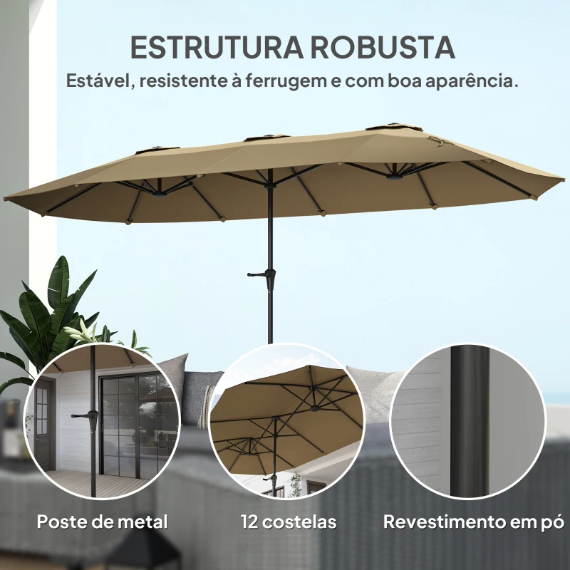 Outsunny Chapéu de Sol Duplo 4x2,2 m Chapéu de Sol para Terraço Exterior com Manivela Manual Impermeável e Proteção UV30+ Castanho