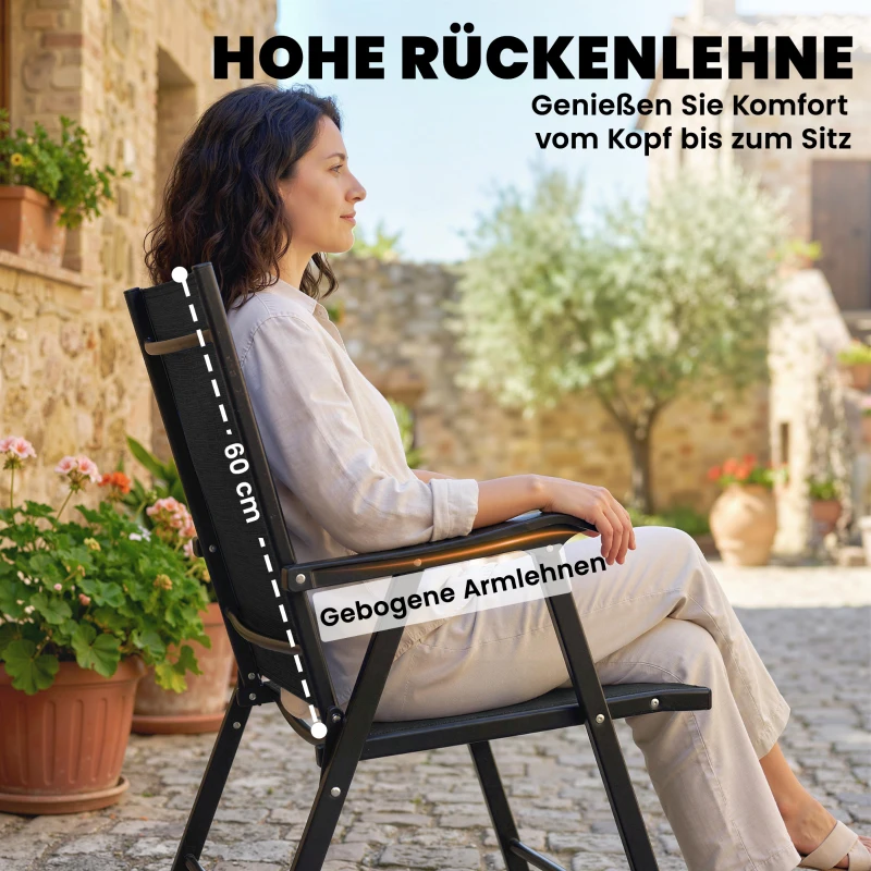 Outsunny 2er-Set Klappstuhl Gartenstuhl klappbar mit hoher Rückenlehne Armlehne Stahl Texteline 58 x 62 x 97 cm Schwarz