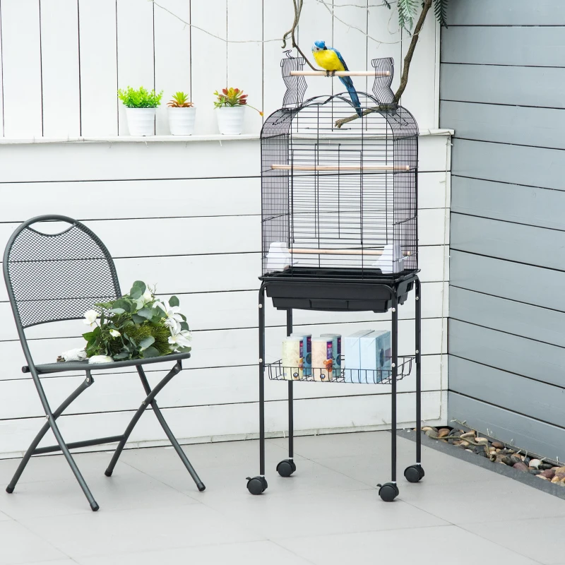PawHut Gaiola para Passáros com Suporte Gaiola com 4 Rodas Teto com Abertura 2 Comedouros 3 Poleiros Bandeja Removível e Prateleira Inferior 46x36x130cm Preto