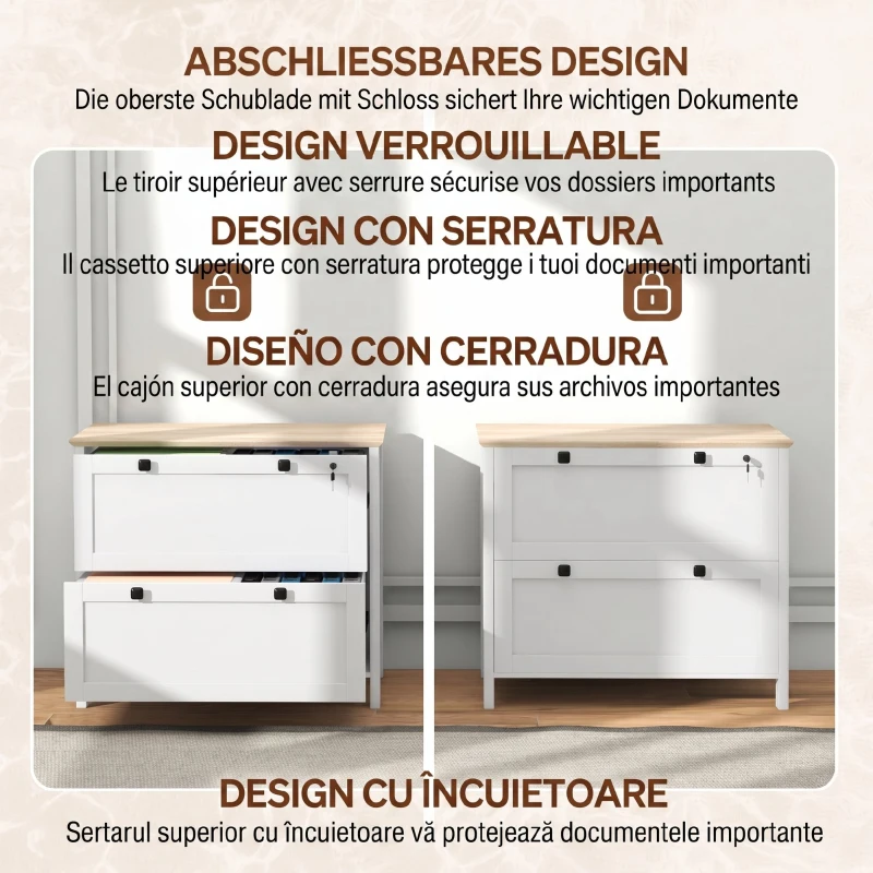 HOMCOM Dulap pentru documente cu 2 sertare pentru dosare A4, încuietoare și chei, 76x40x76cm, alb