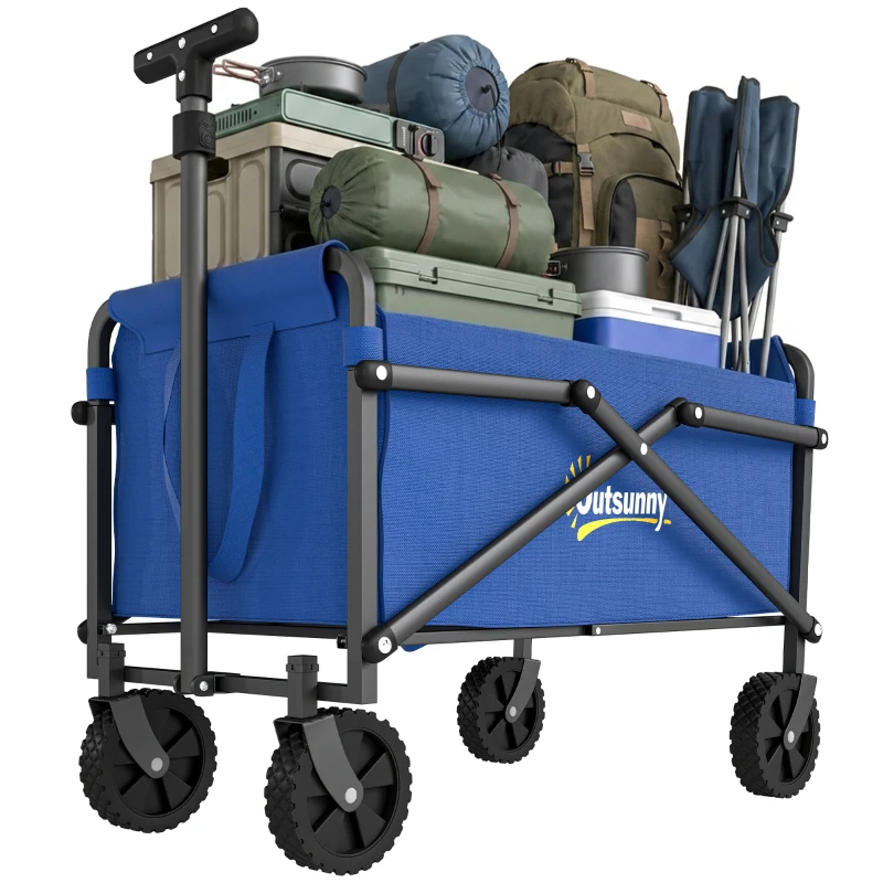 Outsunny 62L Festival Trolley on Wheels, Portable Small Folding Trolley Cart, 60kg Heavy Duty Collapsible Foldable Wagon with Adjustable Handle and Carrying Bag for Beach, Camping, Garden, Blue