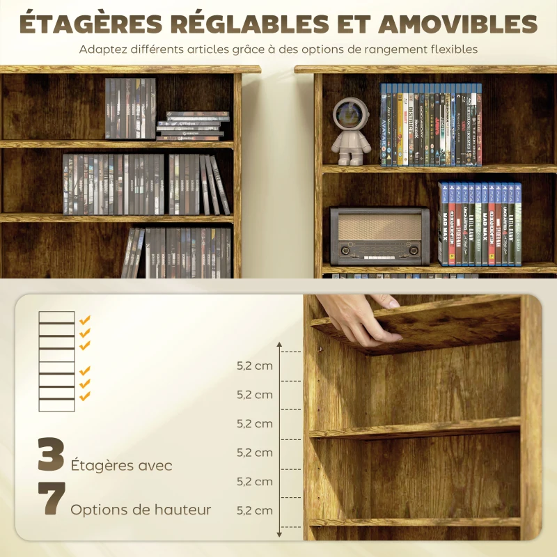 HOMCOM Rangements pour CD et DVD avec 8 compartiments et 6 étagères réglables, capacité max. 360 CD/185 DVD et Blu-ray, marron