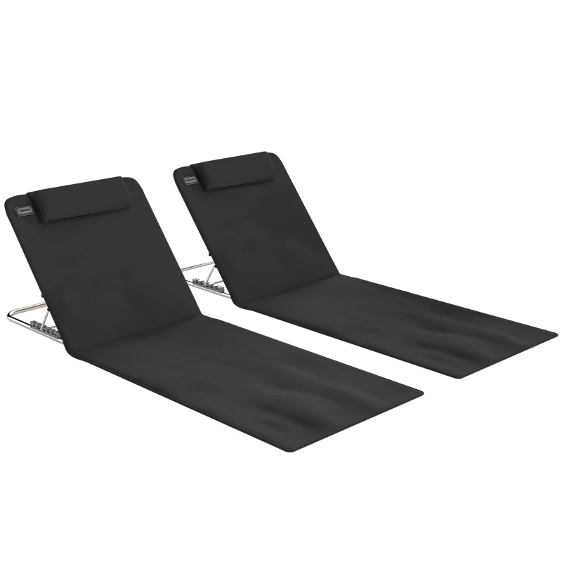 Outsunny Lot de 2 Tapis de Plage rembourré - Matelas de Plage - nattes de Plage - Dossier inclinable Multi-Positions - Sac Transport Inclus - métal Polyester PE Noir