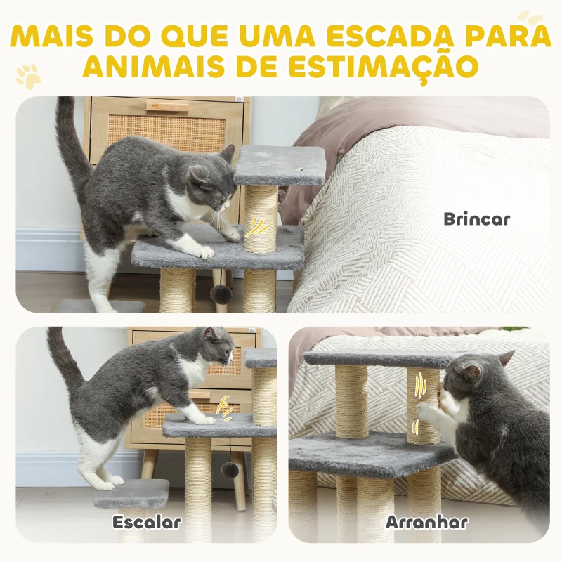 PawHut Escada para Gatos de 3 Degraus Altura Ajustável com Postes para Arranhar e Bola Pendurada Carga 10 kg 52x34,5x54 cm Cinzento