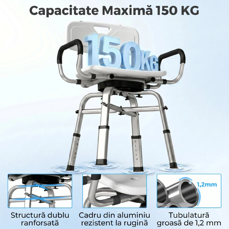 HOMCOM Scaun de Duș Rotativ Reglabil pe Înălțime cu Brațe, Spătar, Capacitate 150 kg, Alb