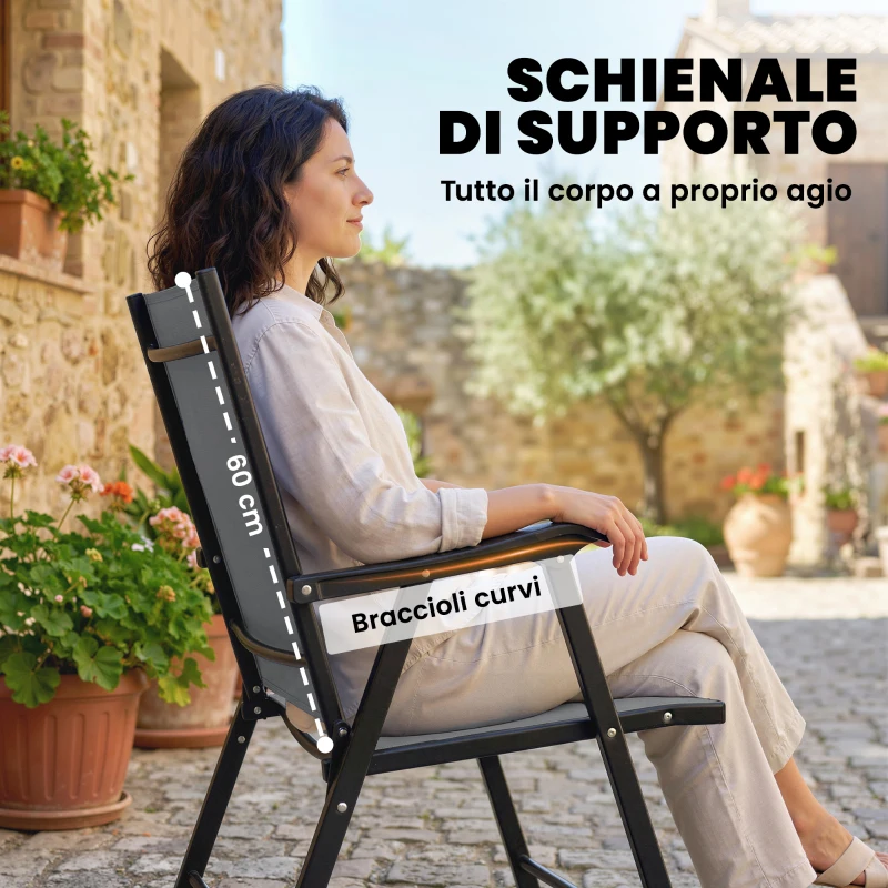 Outsunny Set di 2 Sedie Pieghevoli con Schienale Alto E Braccioli, Grigio Chiaro