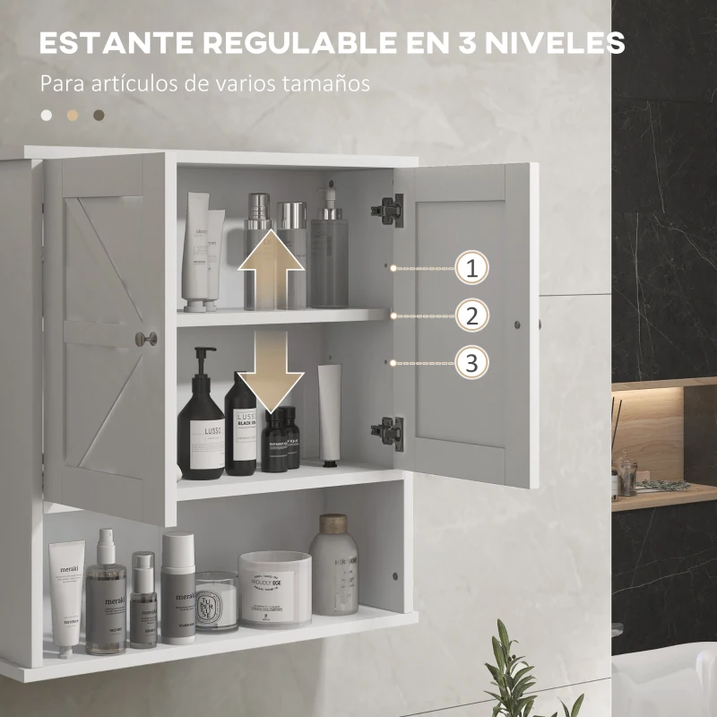 kleankin Armario de Baño de Pared Mueble de Baño Colgar Rústico con Compartimento Estante Ajustable 2 Puertas Blanco