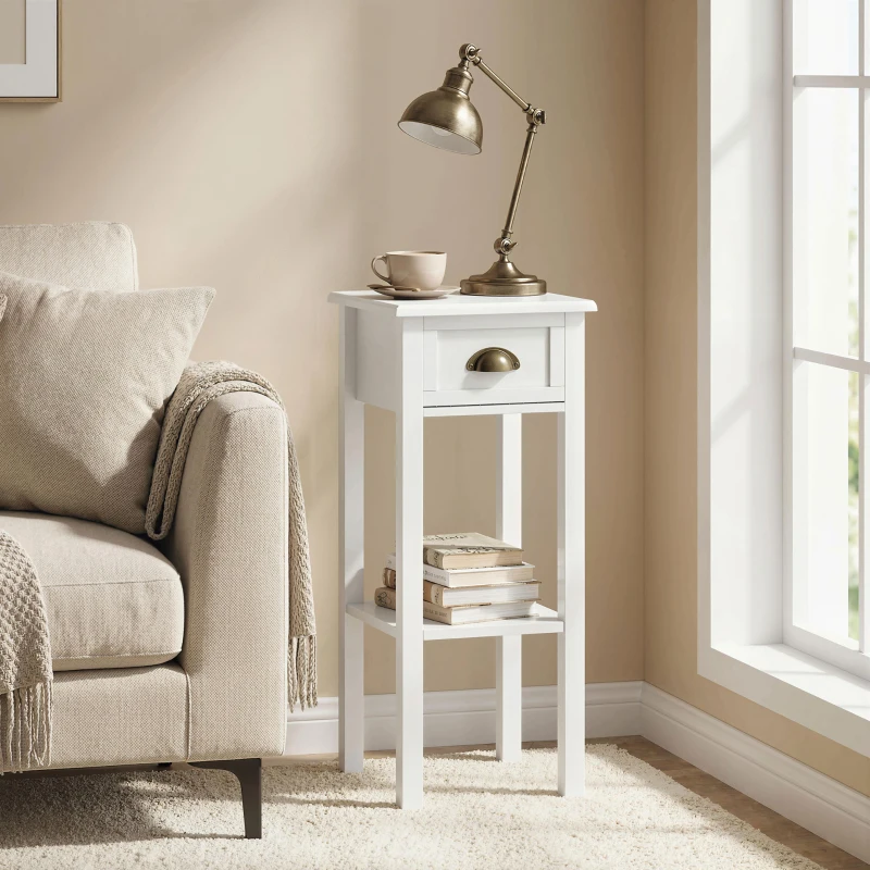 HOMCOM Mesa Auxiliar Moderna, Mesa Auxiliar para Sofá, con Cajón y Estante, Mesita de Noche para Salón, Dormitorio, 30x30x75 cm, Blanco
