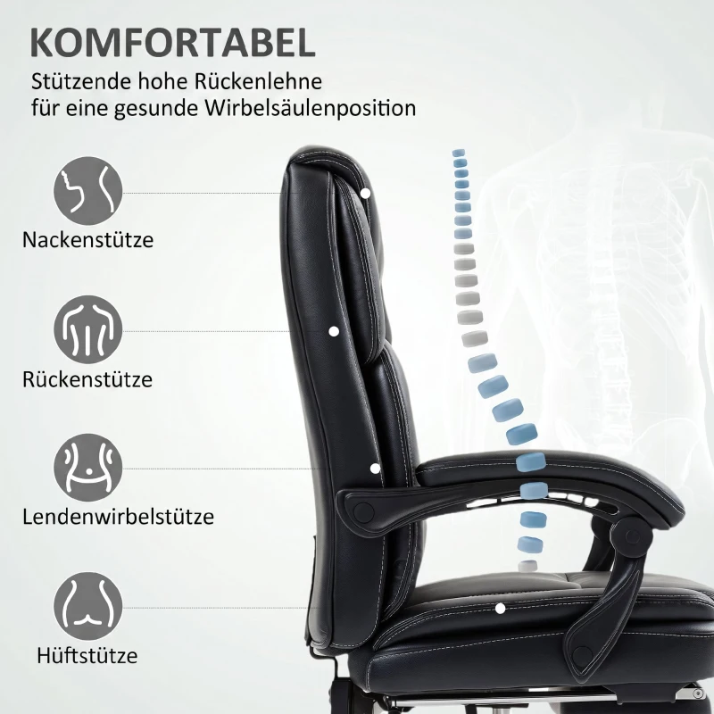 HOMCOM Scaun de birou rabatabil cu suport pentru picioare retractabil, din piele PU, capacitate de 120 kg, negru