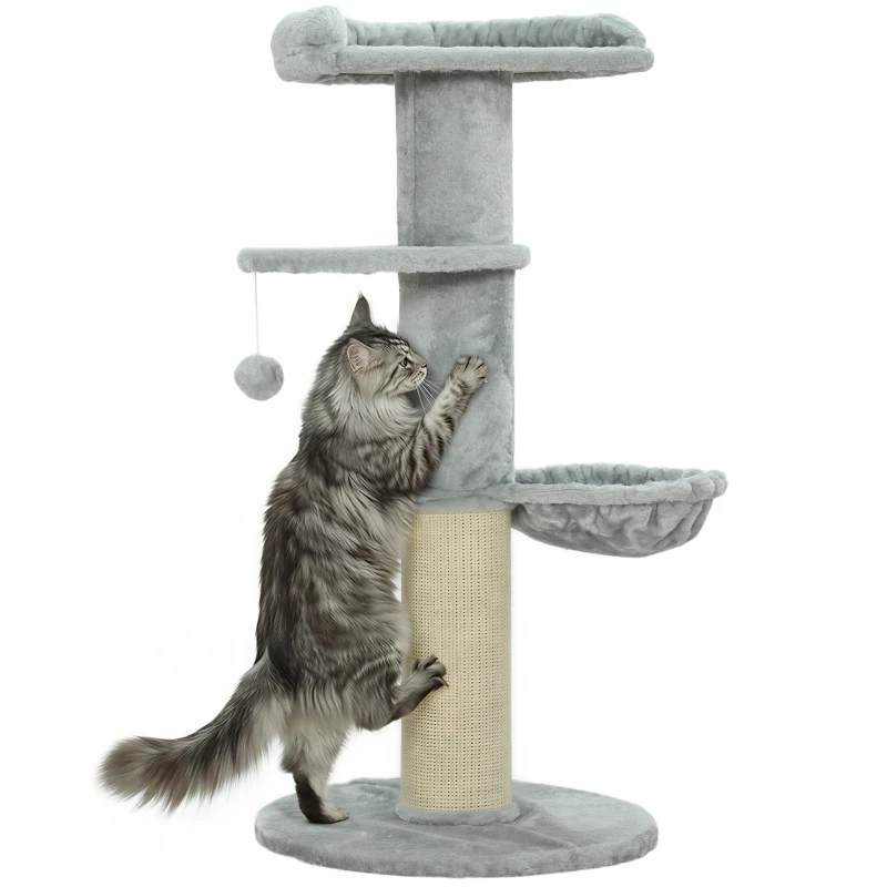 PawHut Árbol Rascador para Gatos 103,5 cm con Cama Hamaca Plataforma Poste de Sisal Grueso Bola Colgante Gris Claro