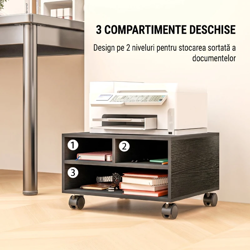 HOMCOM Dulap Mobil pentru Imprimantă cu 2 Rafturi, din Lemn cu Roți, pentru Birou și Studio, 47x40x22,5 cm, Negru