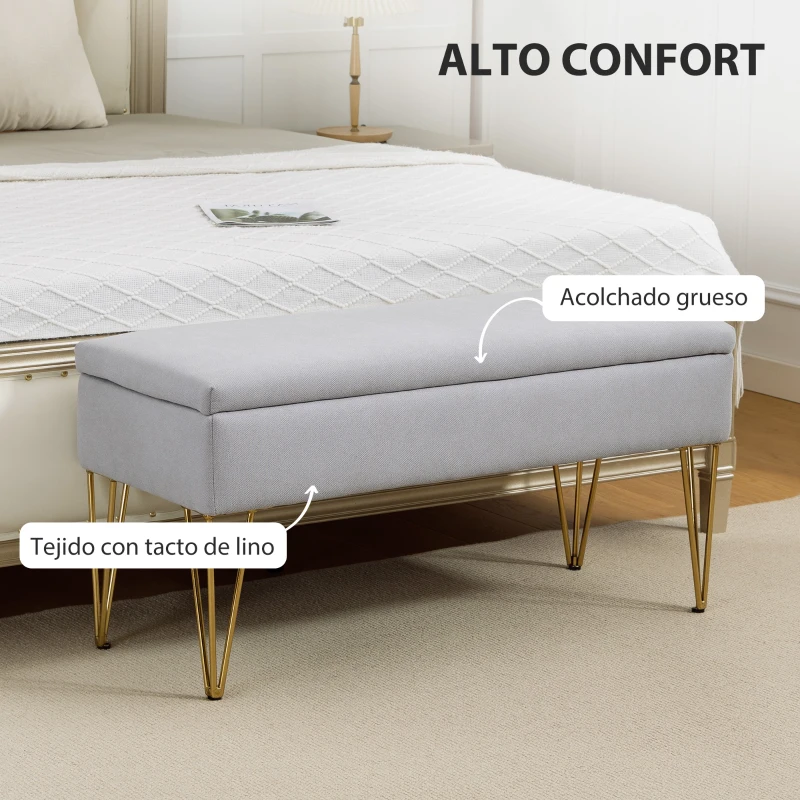 HOMCOM Banco Pie de Cama Tapizado en Lino Sintético con Patas de Acero y Asiento Acolchado Gris Claro
