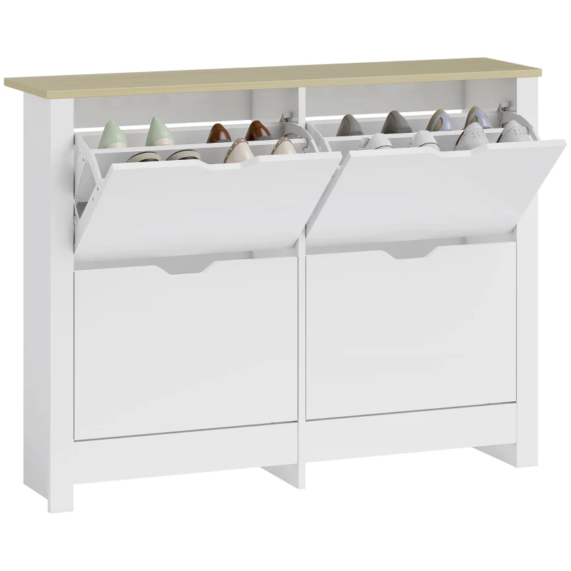 HOMCOM Schuhschrank Schmal mit 4 Klappfächern für 8–16 Paar Schuhe, 105 x 26 x 80 cm, Weiß+Natur