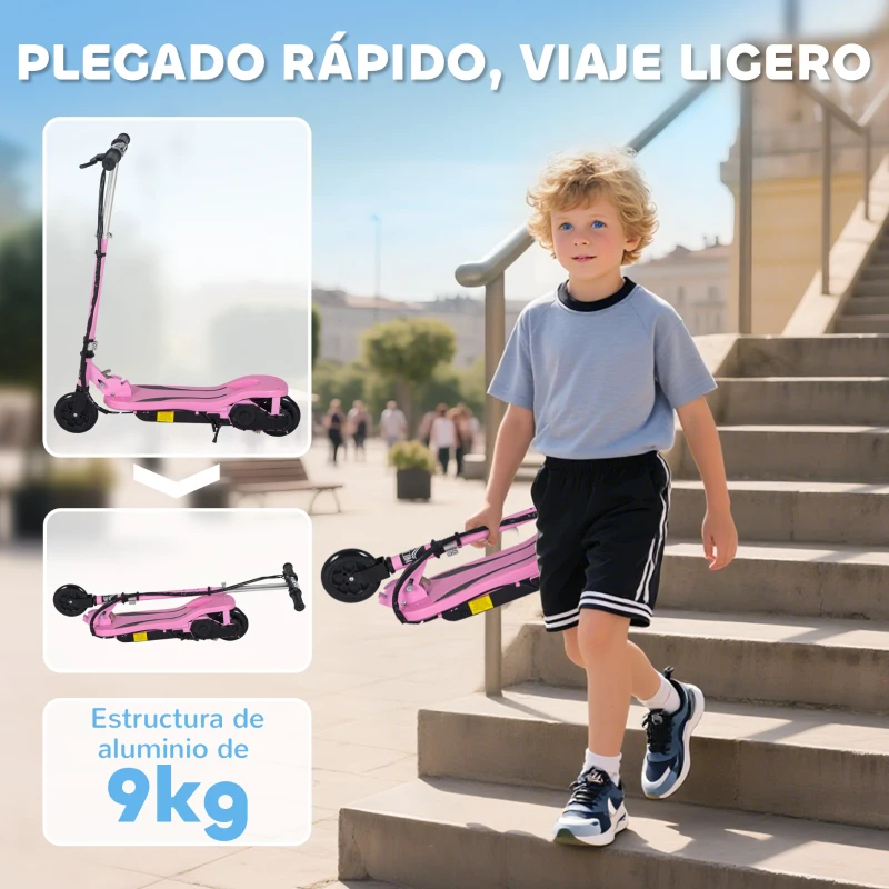 HOMCOM Patinete Eléctrico Plegable para Niños de 7-14 Años, Patinete Eléctrico con Velocidad Max. 12 km/h, Alcance de 8 km, Altura Ajustable, Freno de Mano, Rosa
