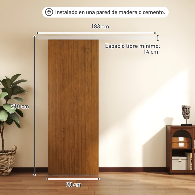 HOMCOM Puerta Corredera con Herrajes 90x210 cm con Rodillo Riel de Aluminio Guía de Suelo Marrón