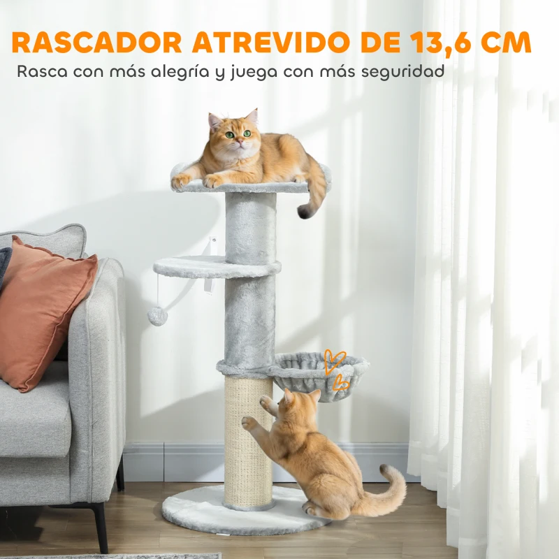 PawHut Árbol Rascador para Gatos 103,5 cm con Cama Hamaca Plataforma Poste de Sisal Grueso Bola Colgante Gris Claro