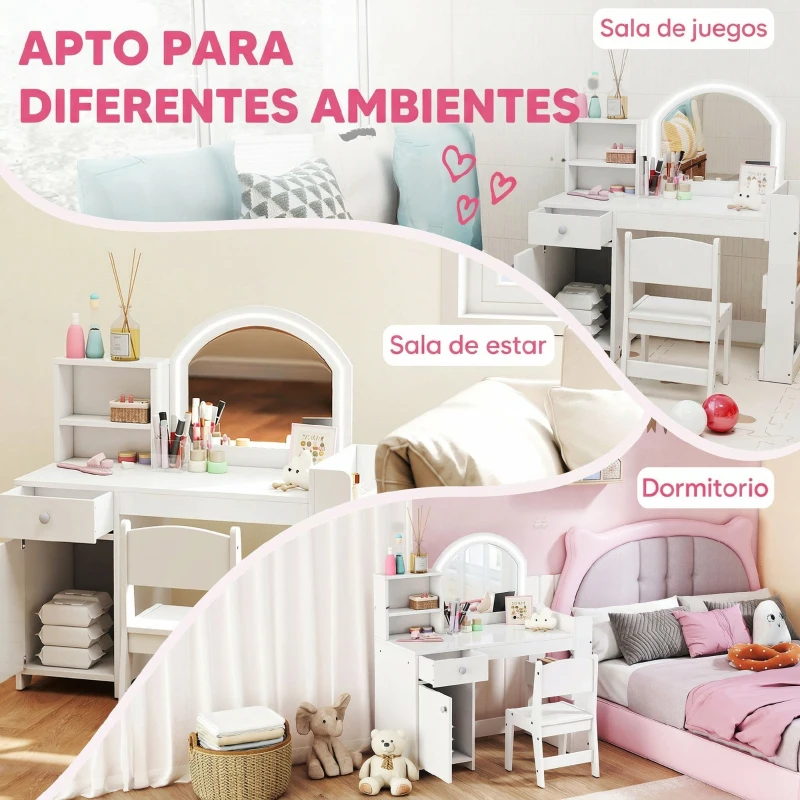 AIYAPLAY Tocador de Maquillaje Niña Tocador Infantil con Taburete y Espejo con Luces LED 1 Cajón Armario y 5 Estantes Blanco