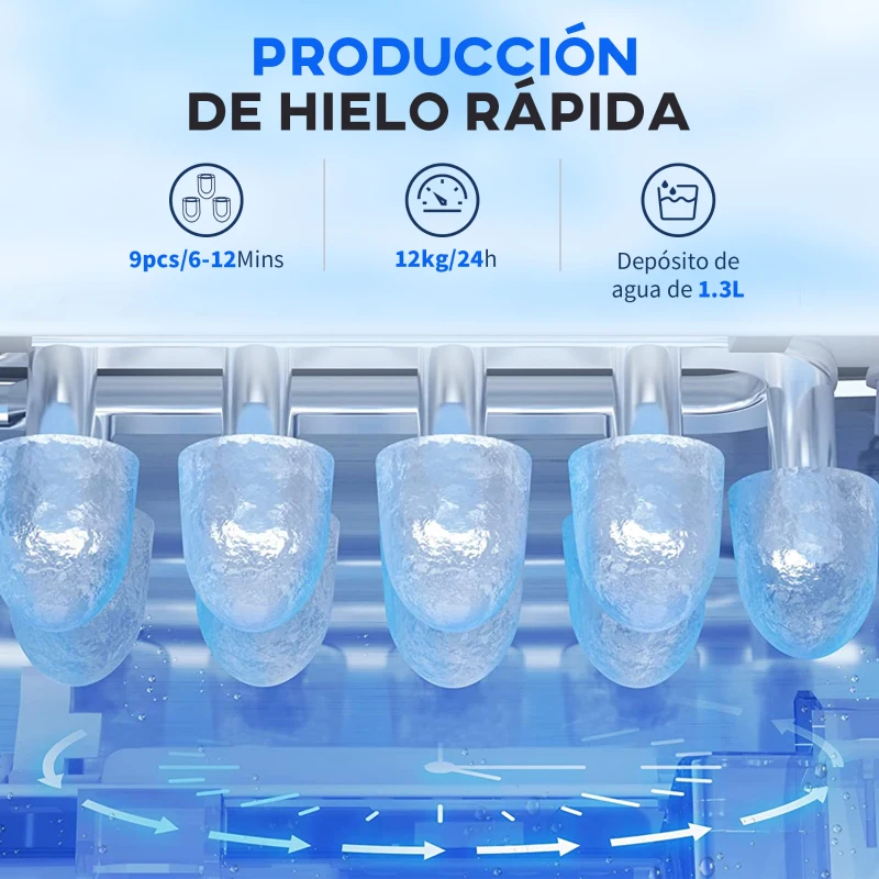 HOMCOM Máquina para Hacer Hielo 12 Kg en 24 Horas 9 Cubitos en 6-12 Minutos Depósito de Agua 1,3 L 22,2x29,4x29 cm Negro