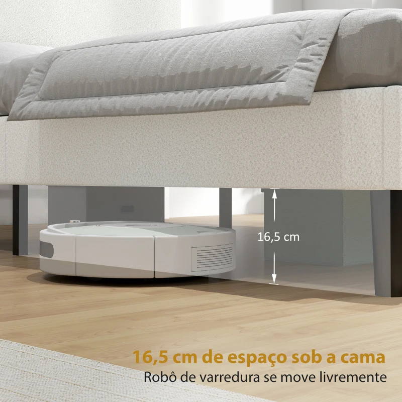HOMCOM Estrutura de Cama Dupla com Cabeceira Ajustável em Altura Estofada em Tecido Macio com Ripas de Madeira Branco
