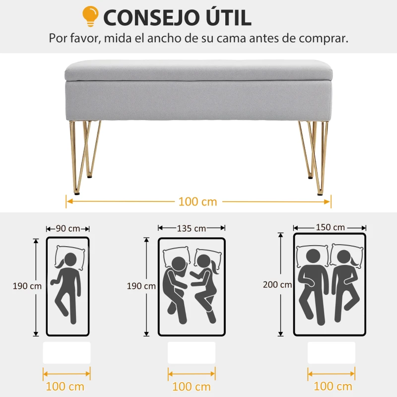 HOMCOM Banco Pie de Cama Tapizado en Lino Sintético con Patas de Acero y Asiento Acolchado Gris Claro